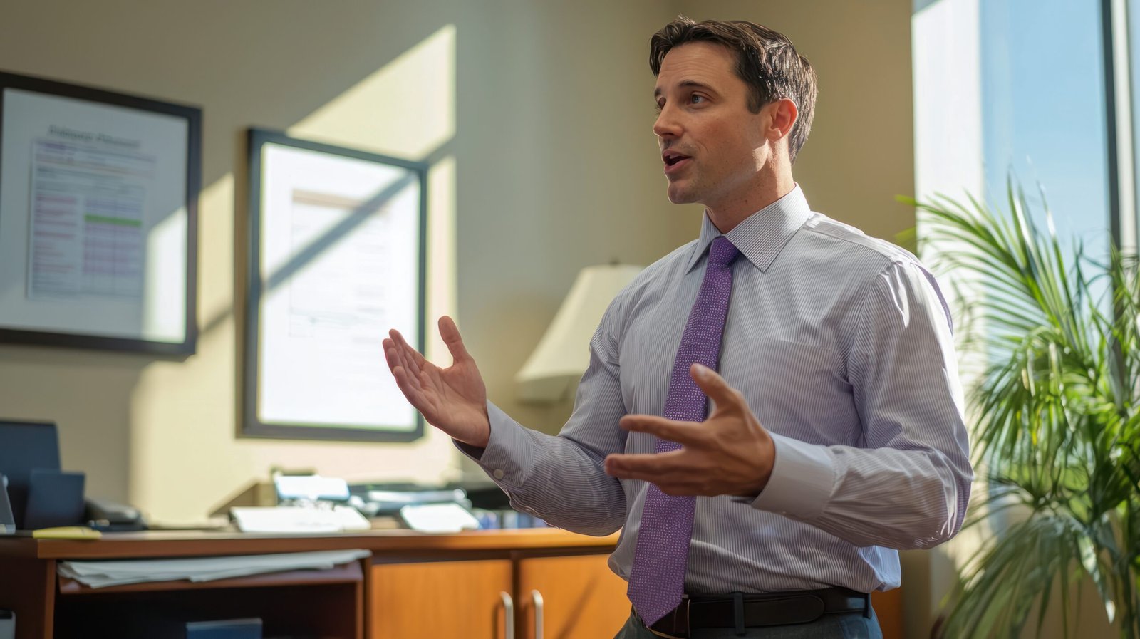 A commercial real estate agent discussing leasing options in an office.