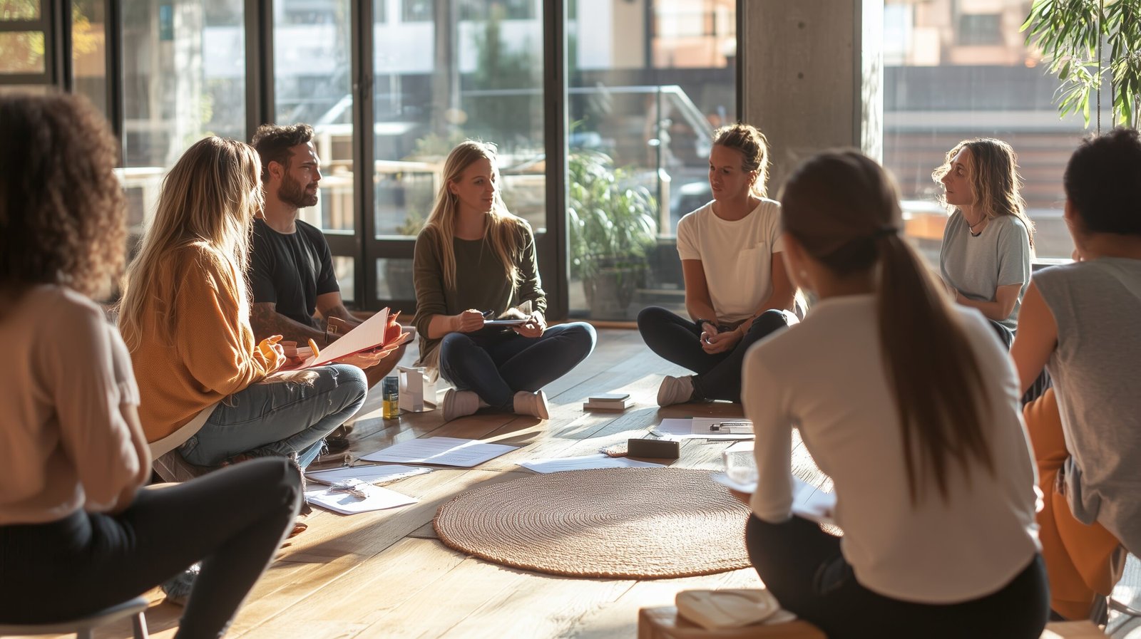 Participants gather in a bright, contemporary workspace for a discussion session. The group exchanges ideas, sharing insights and collaborating enthusiastically on a project.